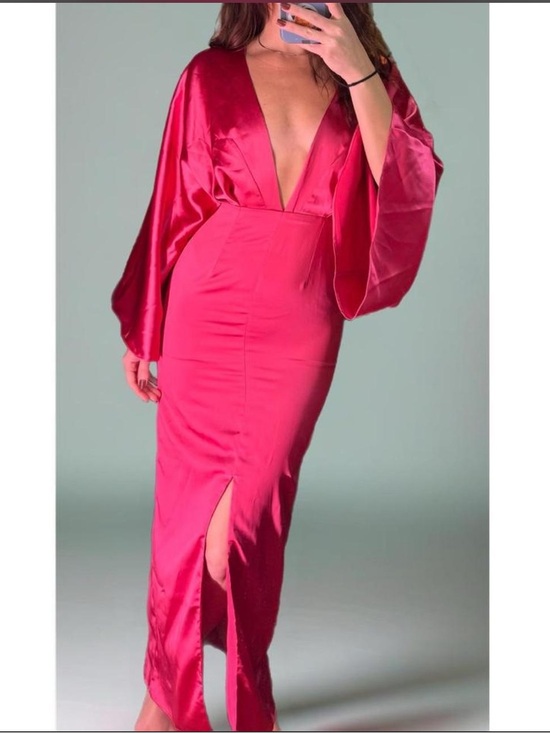 ASOS Dresses & Skirts - Hot Pink Satin Maxi Dress with Deep V Neckline & Flared Sleeves - NEW WITH TAGS